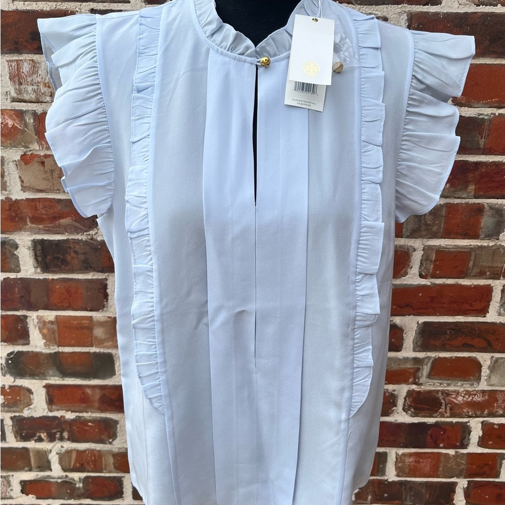 Tory Burch 100% Silk Classic Light Blue Ruffled Blouse